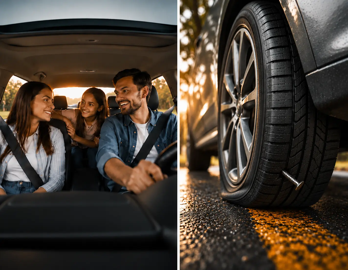 A family in a car, and a treated tire standing on a bed of nails