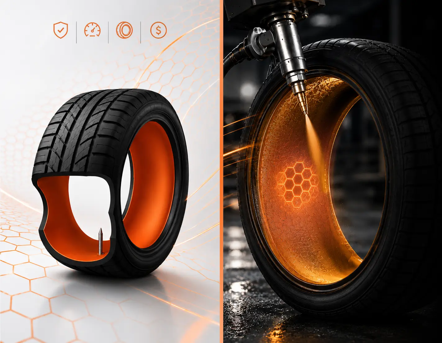 Cutaway tire showing the orange polymer coating on the inner surface